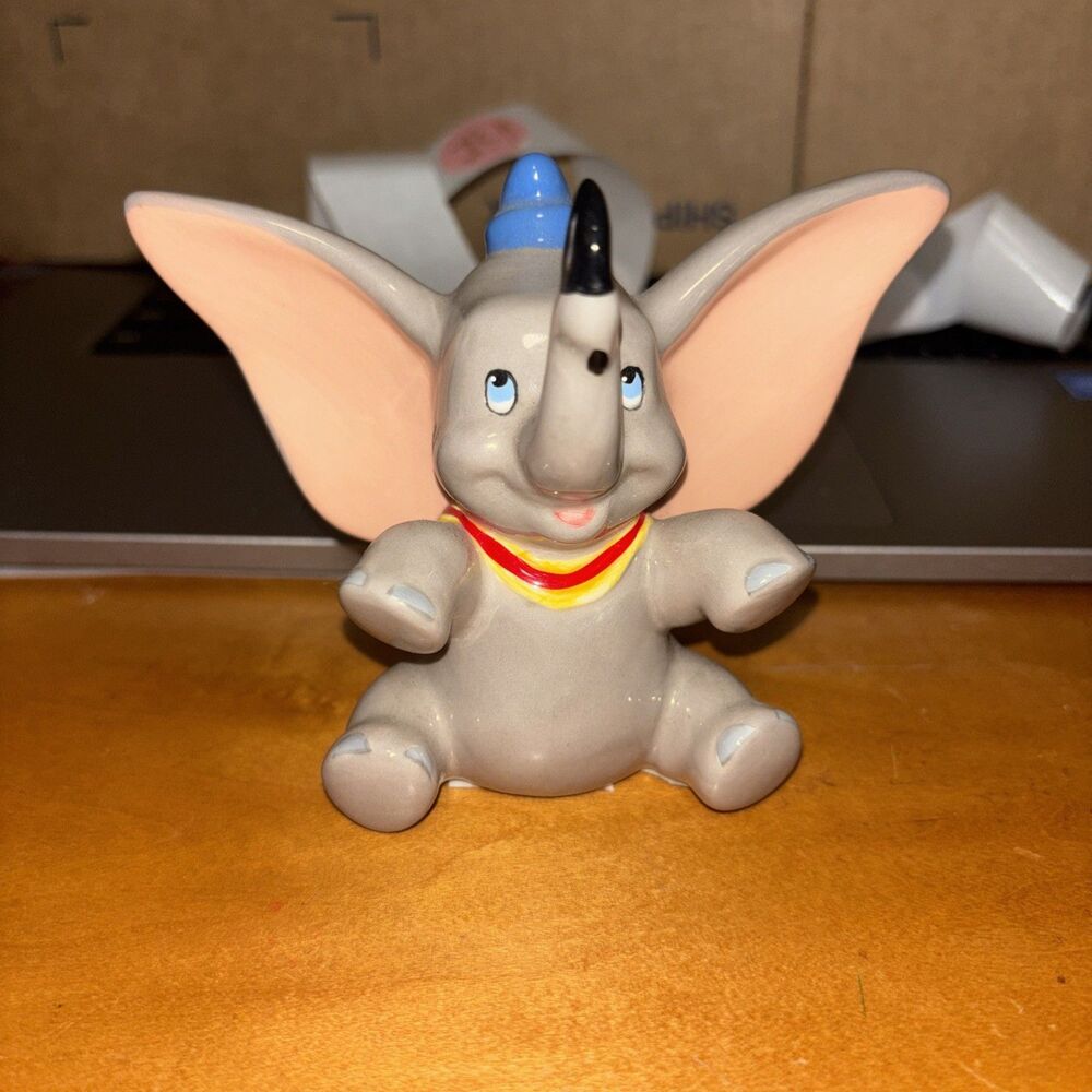 Vintage Ceramic Disney Dumbo With Blue Hat Figurine 3.5 inches Trunk Up